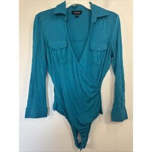 Bebe Women's XS Teal Long Sleeve Double Pocket Wrap Bodysuit Y2K 90s